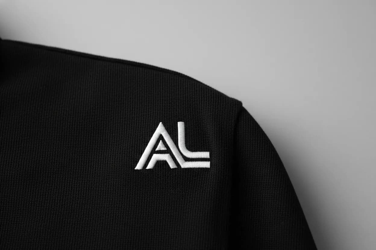 Broderie logo entreprise sur veste noire, logo AL en fil blanc