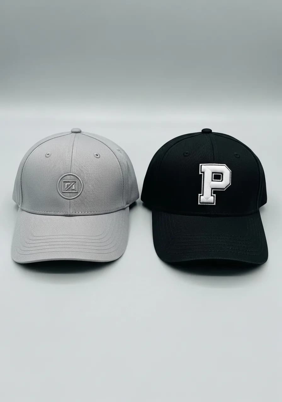 Broderie personnalisée plate et 3D puff sur deux casquettes