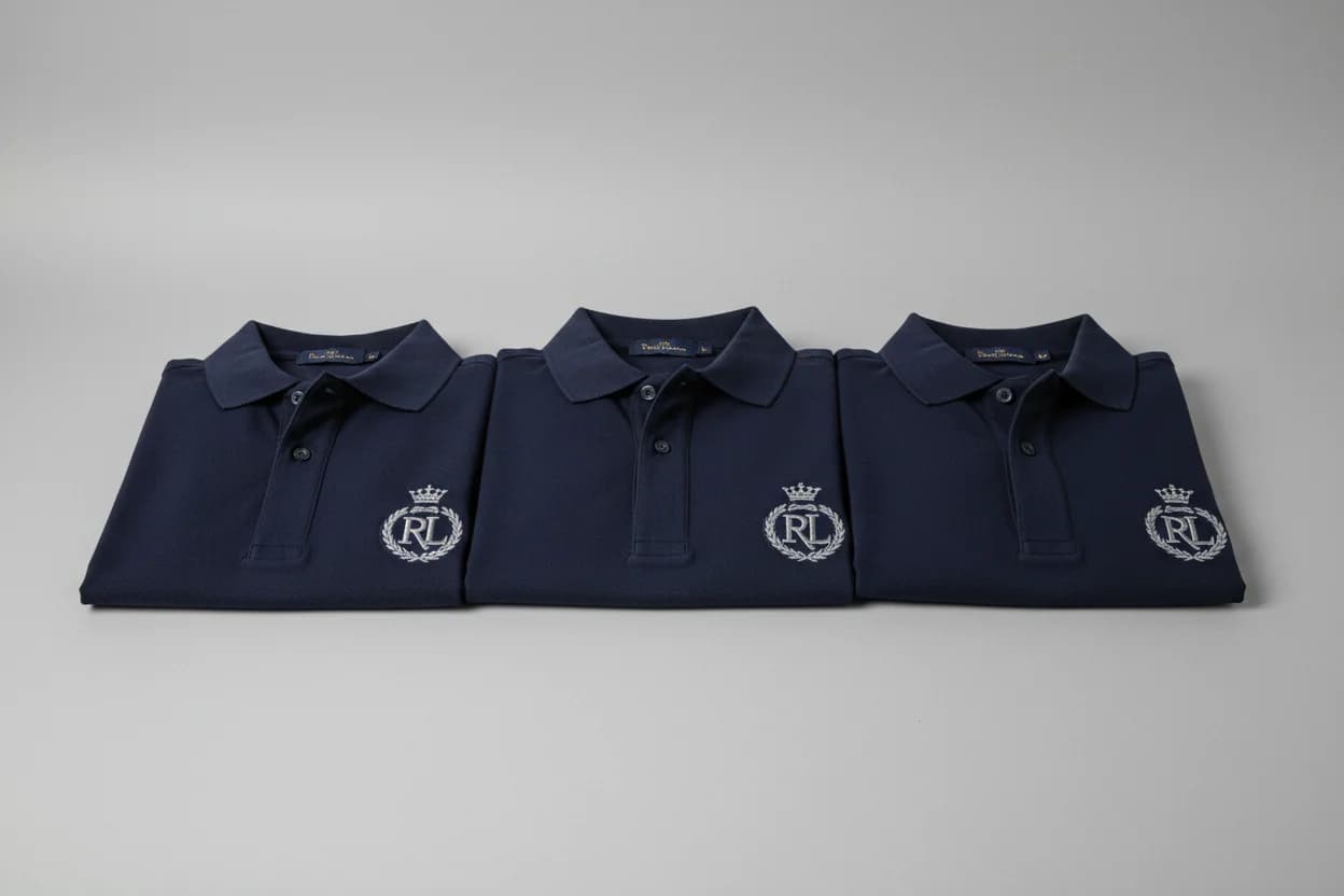 Broderie sur polo d'entreprise : trois polos marine au blason gris