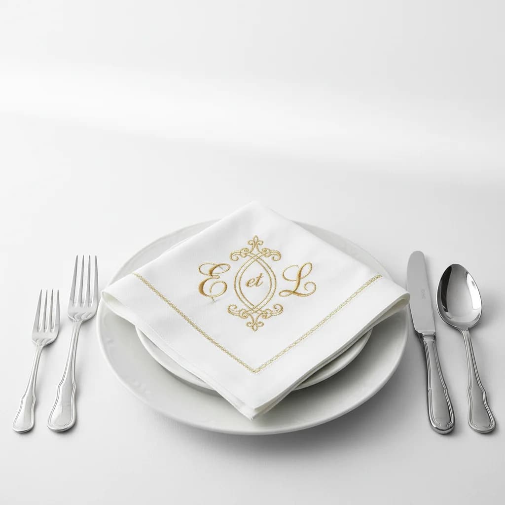 Broderie sur rideau et linge de maison : serviette de table E et L dorée, dressée sur assiette