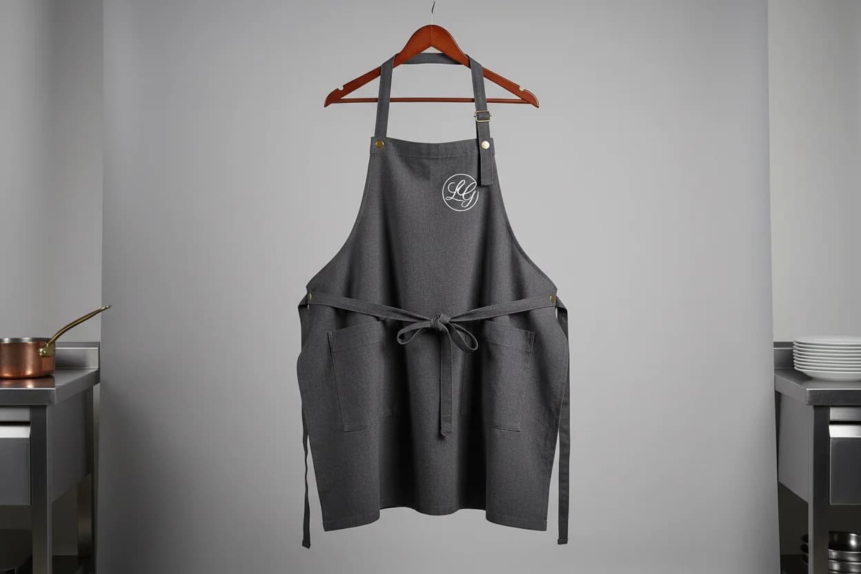 Broderie sur tablier de restaurant : tablier gris sur cintre, logo sur la poitrine
