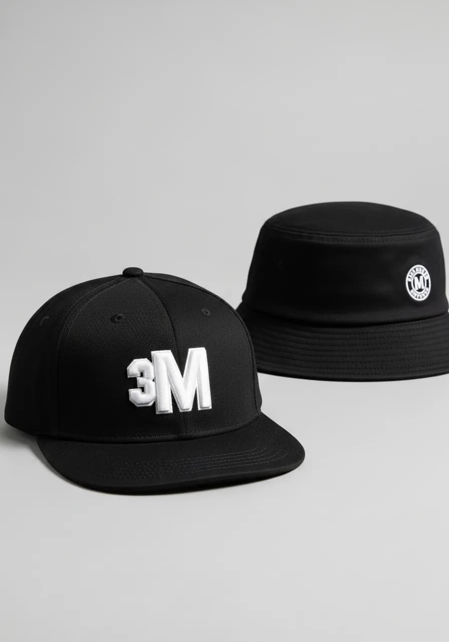 Broderie textile personnalisée : casquette 3D puff 3M et bob à l'écusson