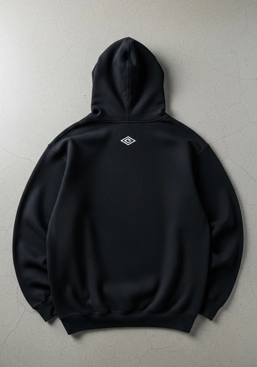 Broderie textile personnalisée : hoodie noir, petit logo losange sous l'encolure
