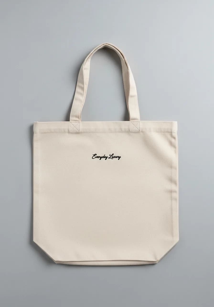 Broderie textile personnalisée : tote bag écru, script Everyday Luxury