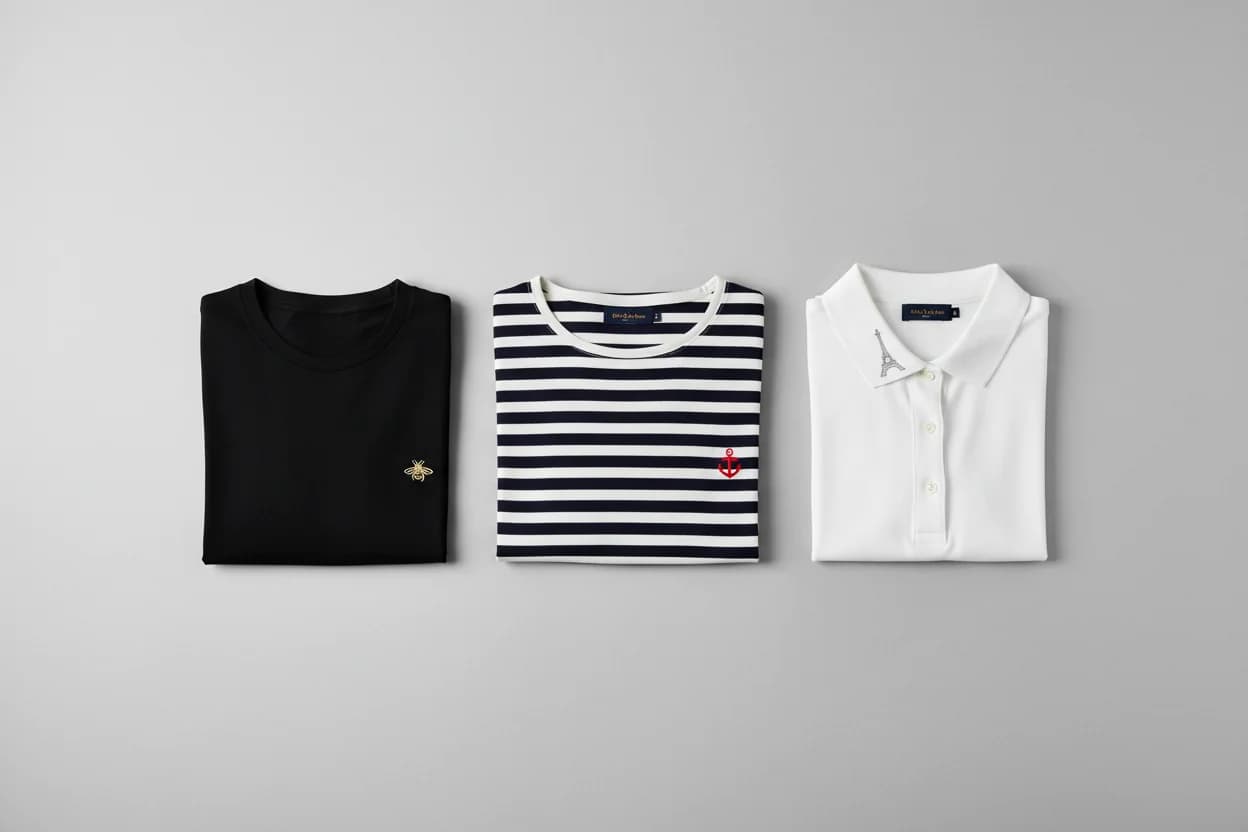 Broderie sur vêtement à Paris : t-shirt noir, marinière et polo blanc aux petits logos