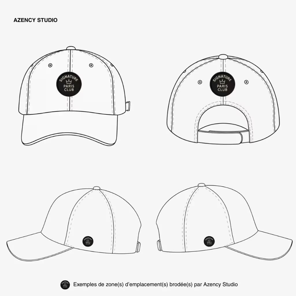 Casquette brodée personnalisée : schéma des emplacements face avant, côtés et arrière