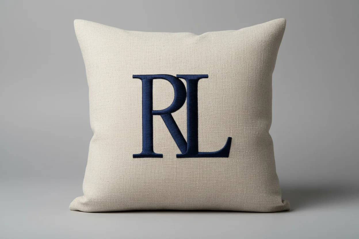 Coussin brodé personnalisé en lin, monogramme RL bleu marine