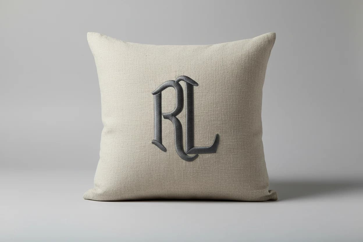 Coussin brodé personnalisé en lin, monogramme RL en fil gris