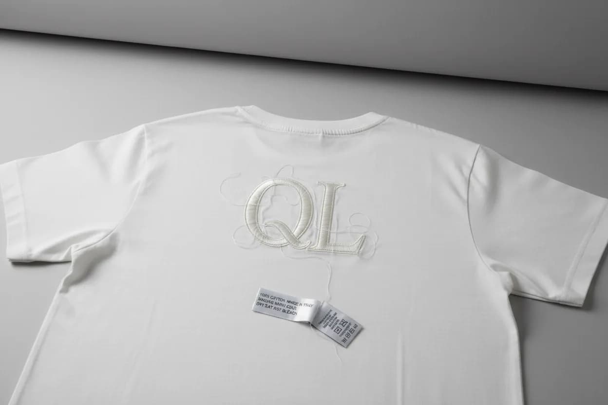 Entretien des textiles brodés : t-shirt blanc brodé QL ton sur ton, étiquette visible