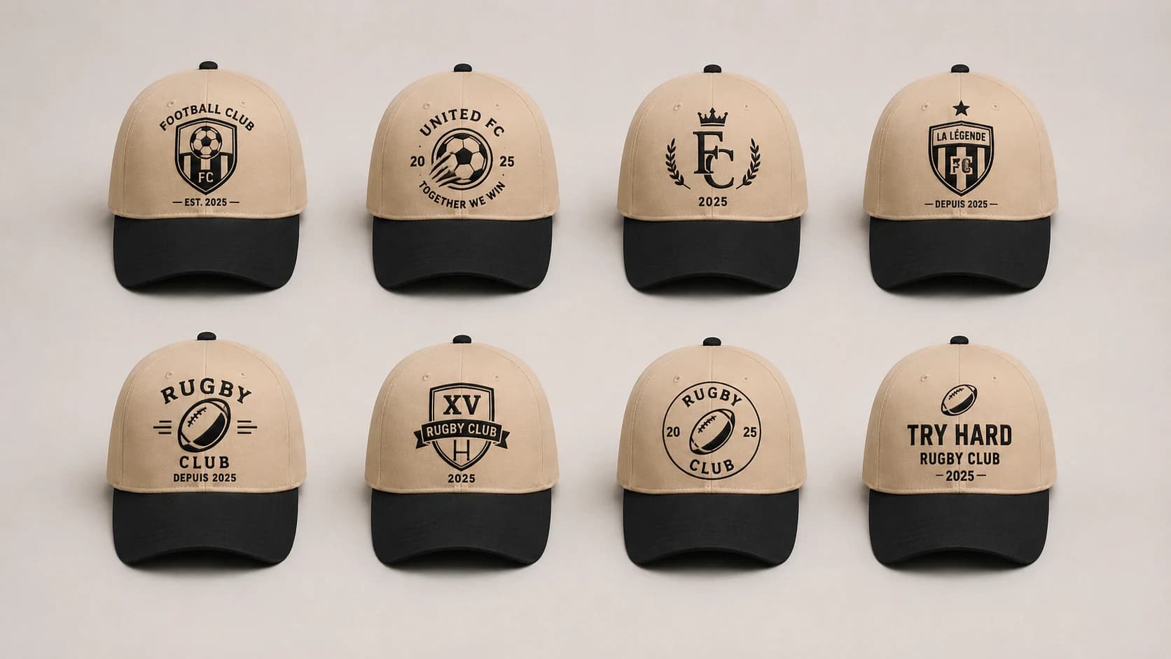 Broderie pour club et association sportive : casquettes aux blasons de clubs