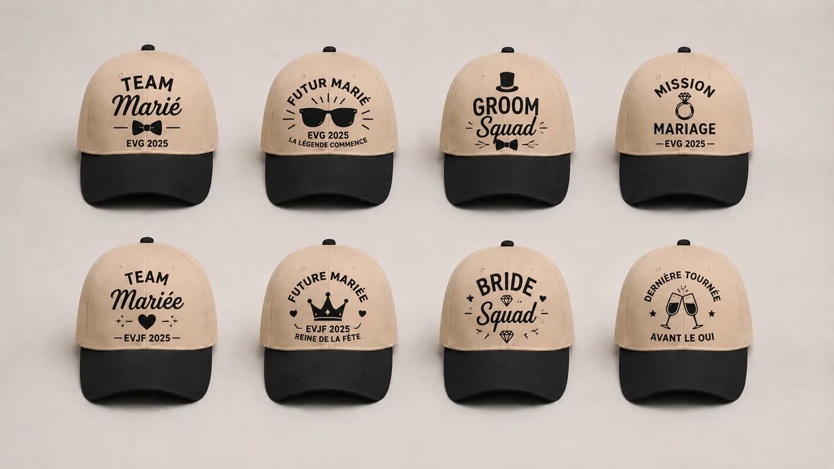 Broderie EVJF et EVG : série de casquettes Team Mariée, Groom Squad et Bride Squad