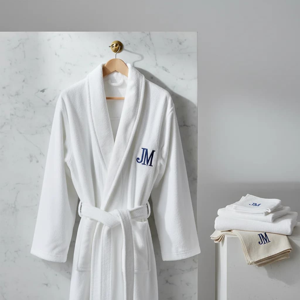 Peignoir brodé personnalisé, monogramme JM et serviettes assorties