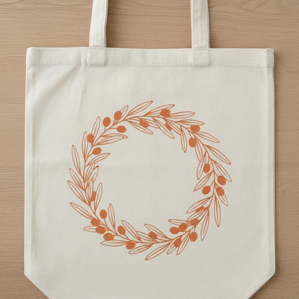 Sérigraphie t-shirt grande série : aplat orange sur tote bag écru, couronne de feuillage