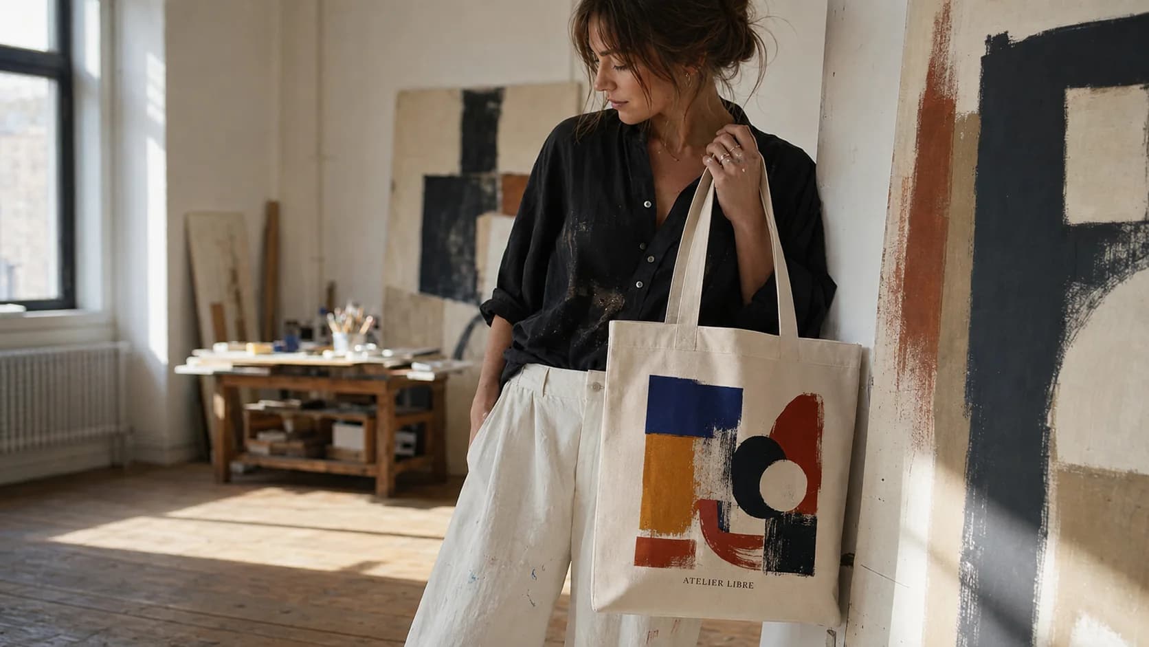 Tote bag brodé personnalisé ou imprimé : formes abstraites, porté dans un atelier