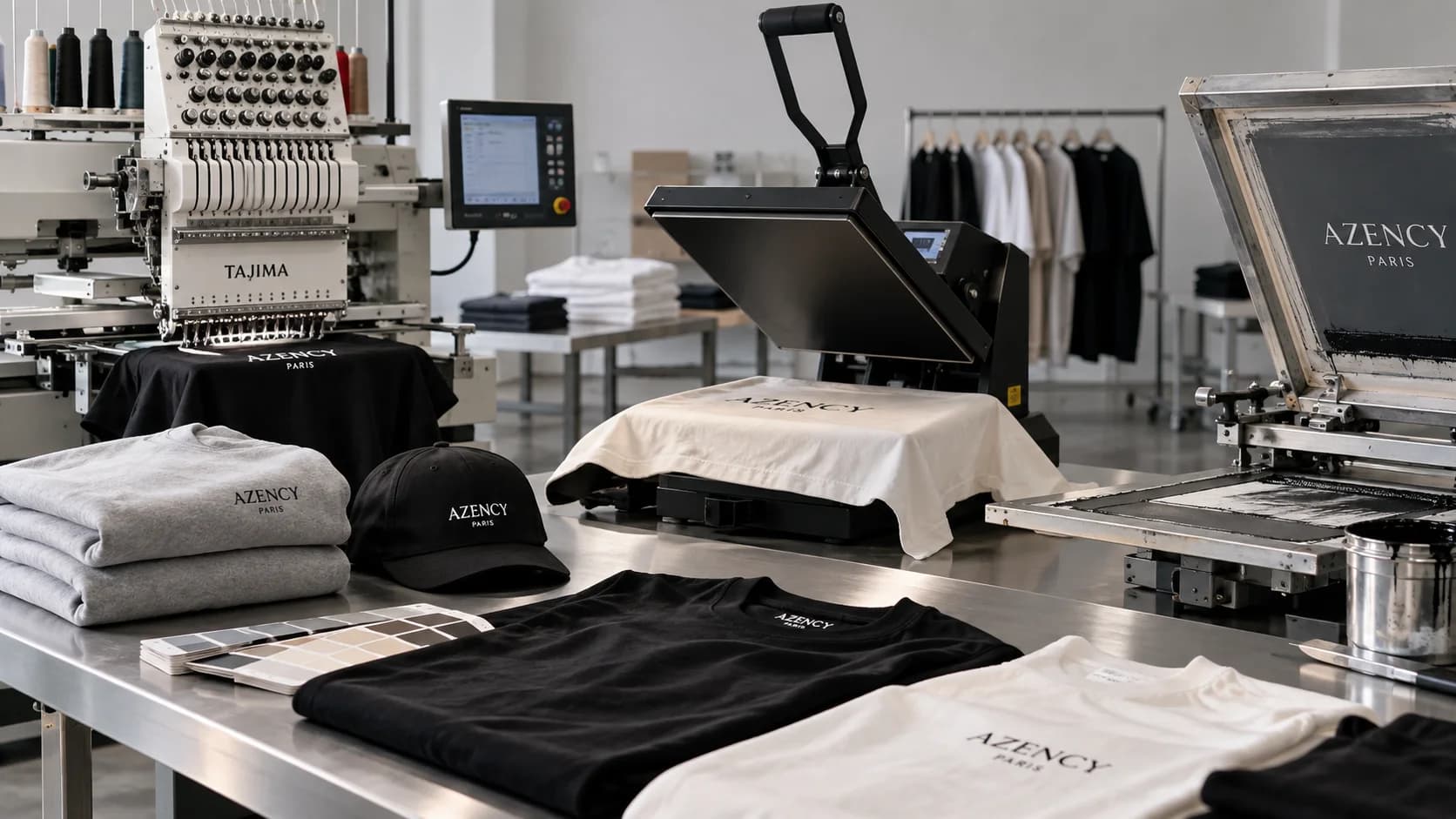 Contact Azency Studio : l'atelier de broderie, impression et sérigraphie à Paris, brodeuse Tajima, presse à chaud, sweats, casquette et t-shirts marqués Azency Paris