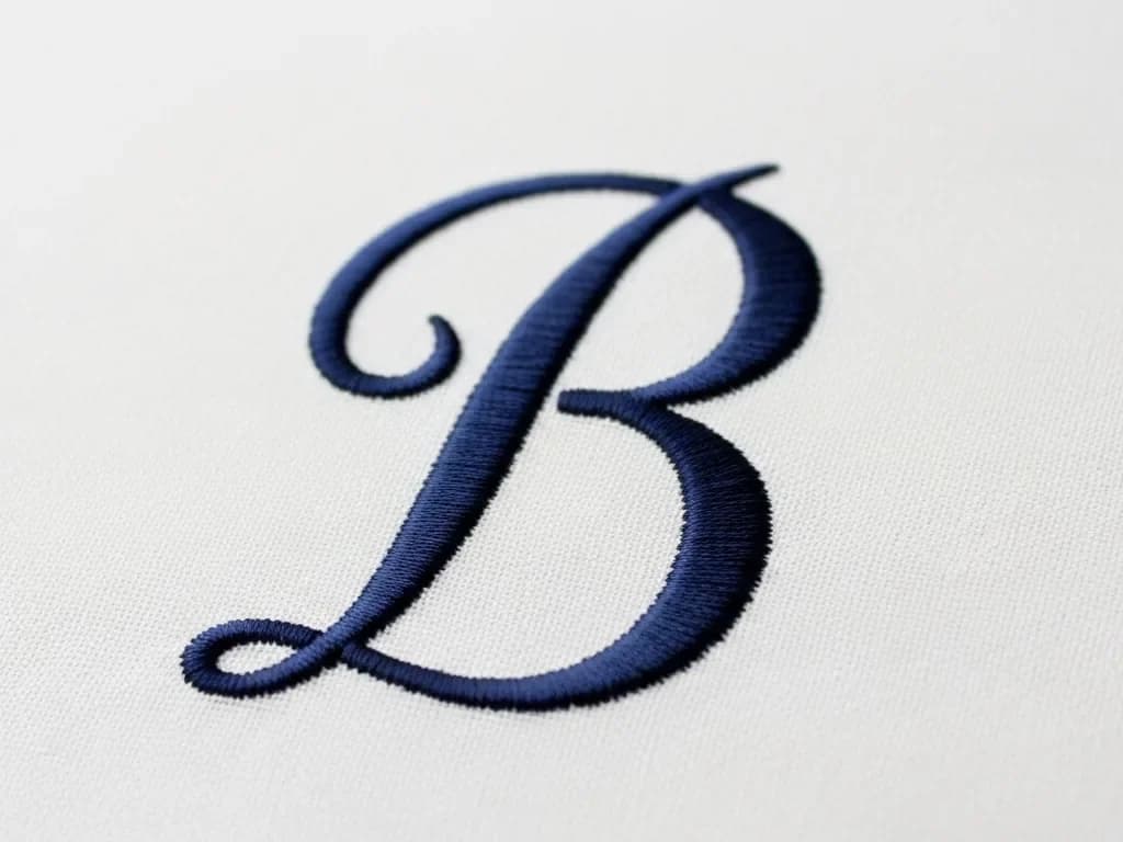 Broderie personnalisée au point satin : initiale B en fil marine sur tissu blanc
