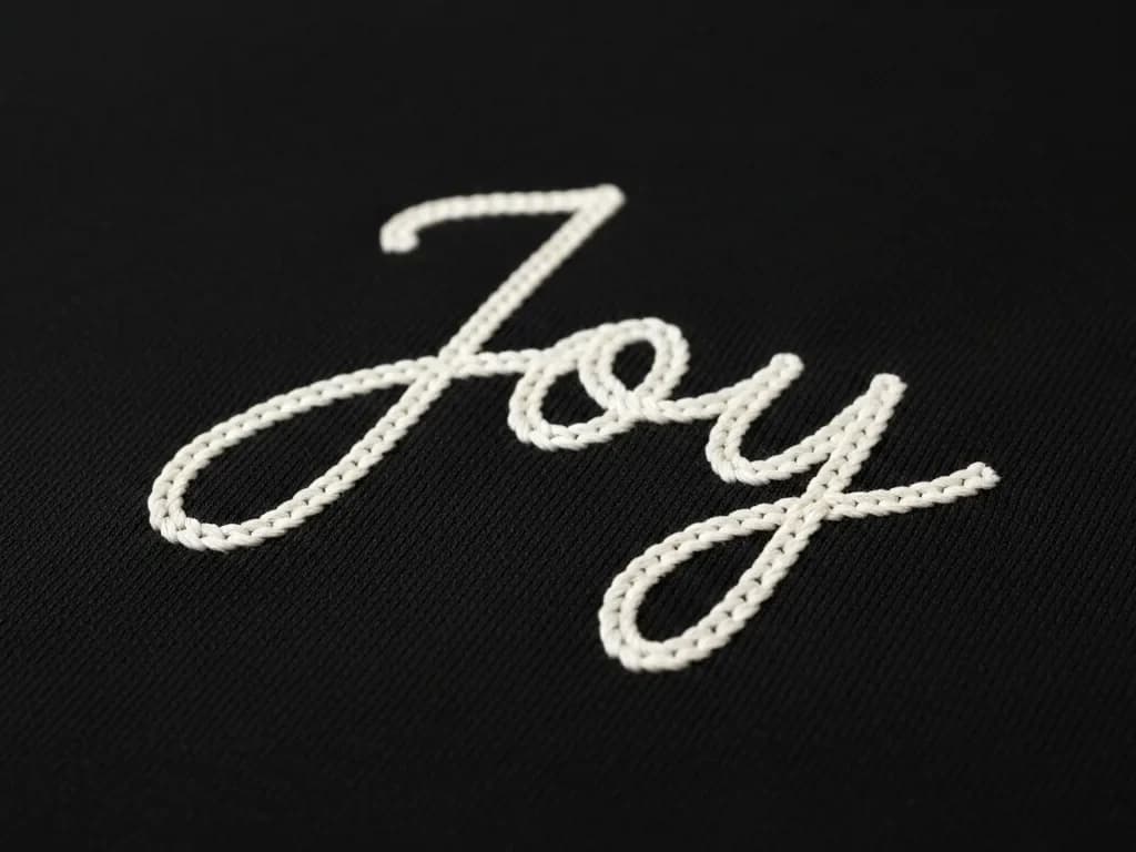 Broderie personnalisée au point de chaînette : mot « Joy » en fil blanc sur tissu noir