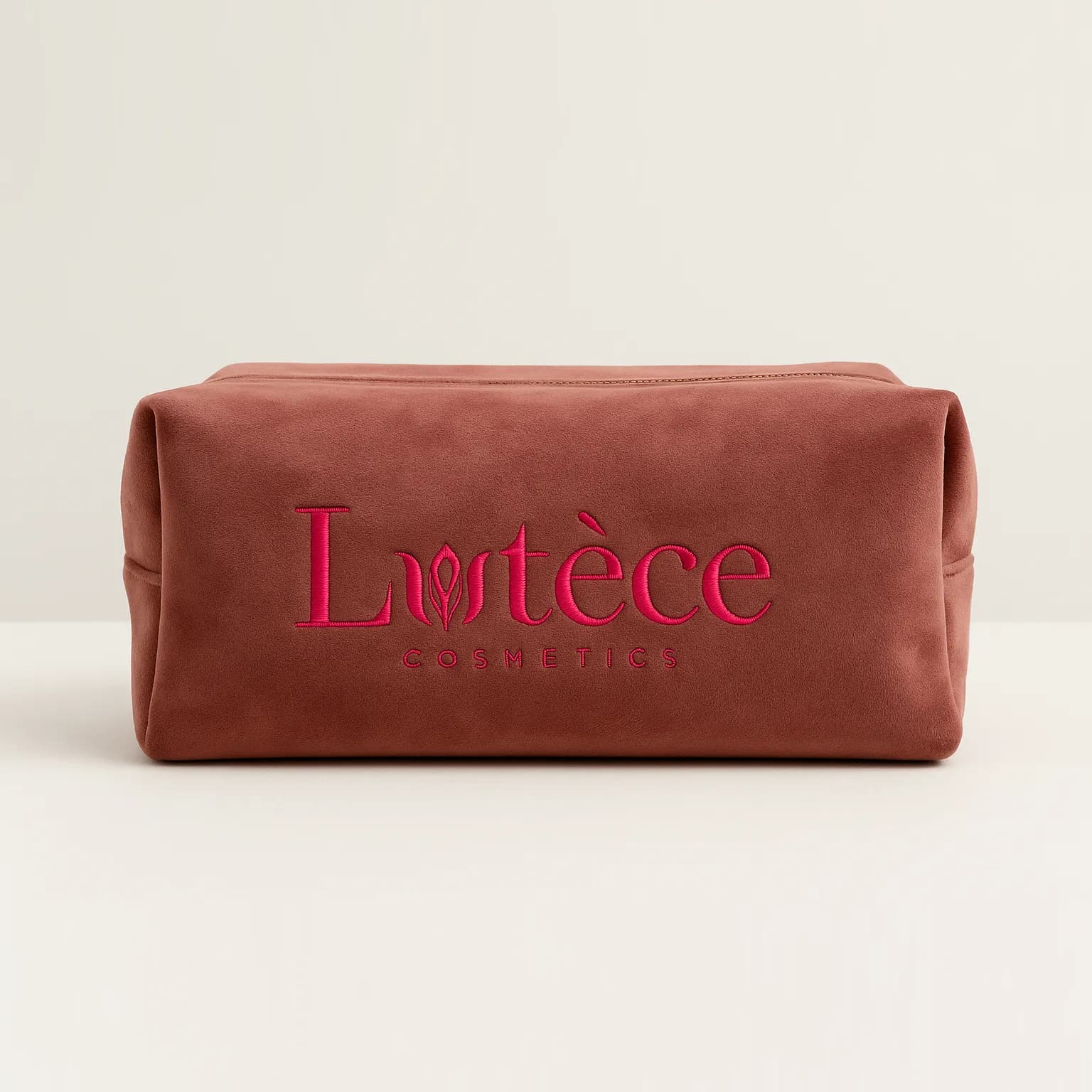 Trousse de toilette en velours bordeaux brodée du logo Lutèce Cosmetics en fil rose