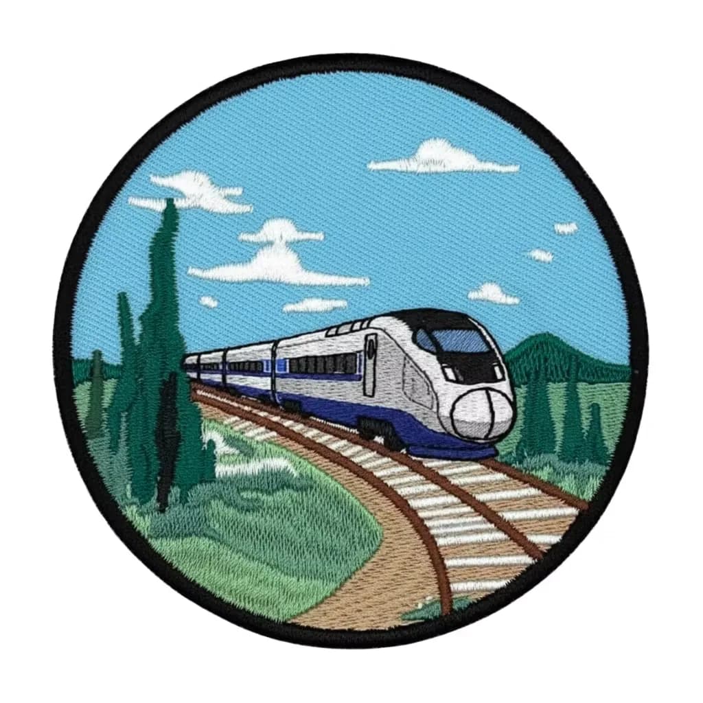 Écusson brodé personnalisé rond : TGV dans un paysage de campagne