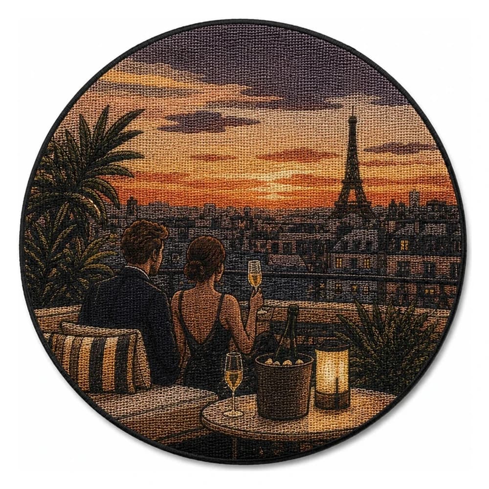 Écusson personnalisé tissé rond, couple sur un toit de Paris face à la tour Eiffel au coucher du soleil