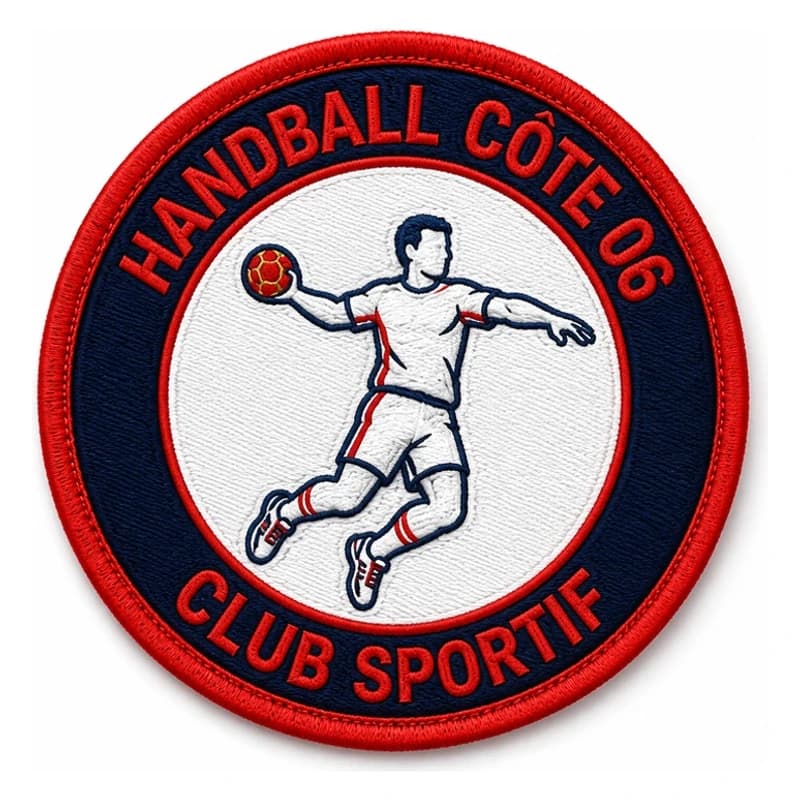Écusson personnalisé brodé rond de club de handball, joueur en pleine détente et mention Club sportif