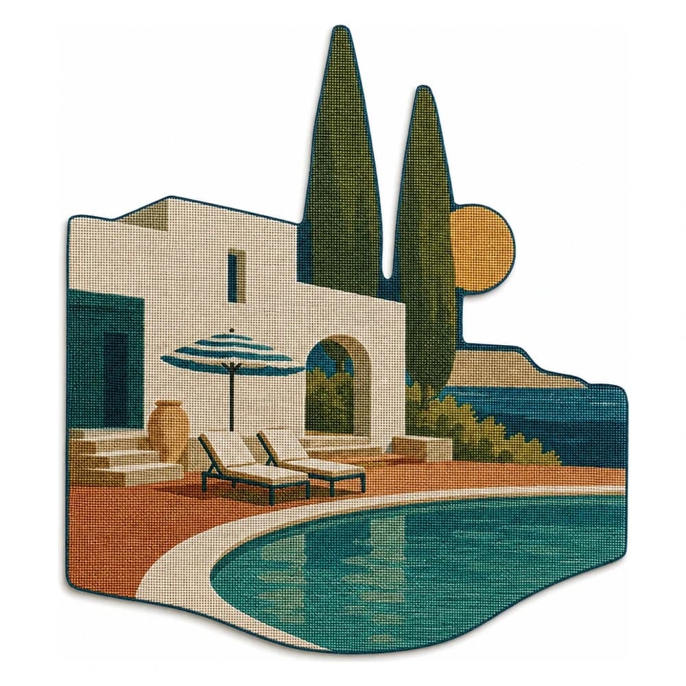Écusson personnalisé tissé découpé à la forme, villa et piscine, contour suivant les cyprès