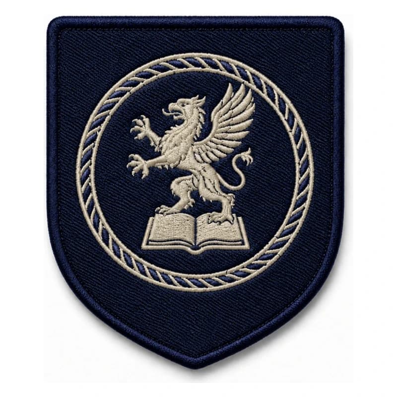 Écusson personnalisé brodé en forme de blason, griffon et livre ouvert en fil écru sur fond marine