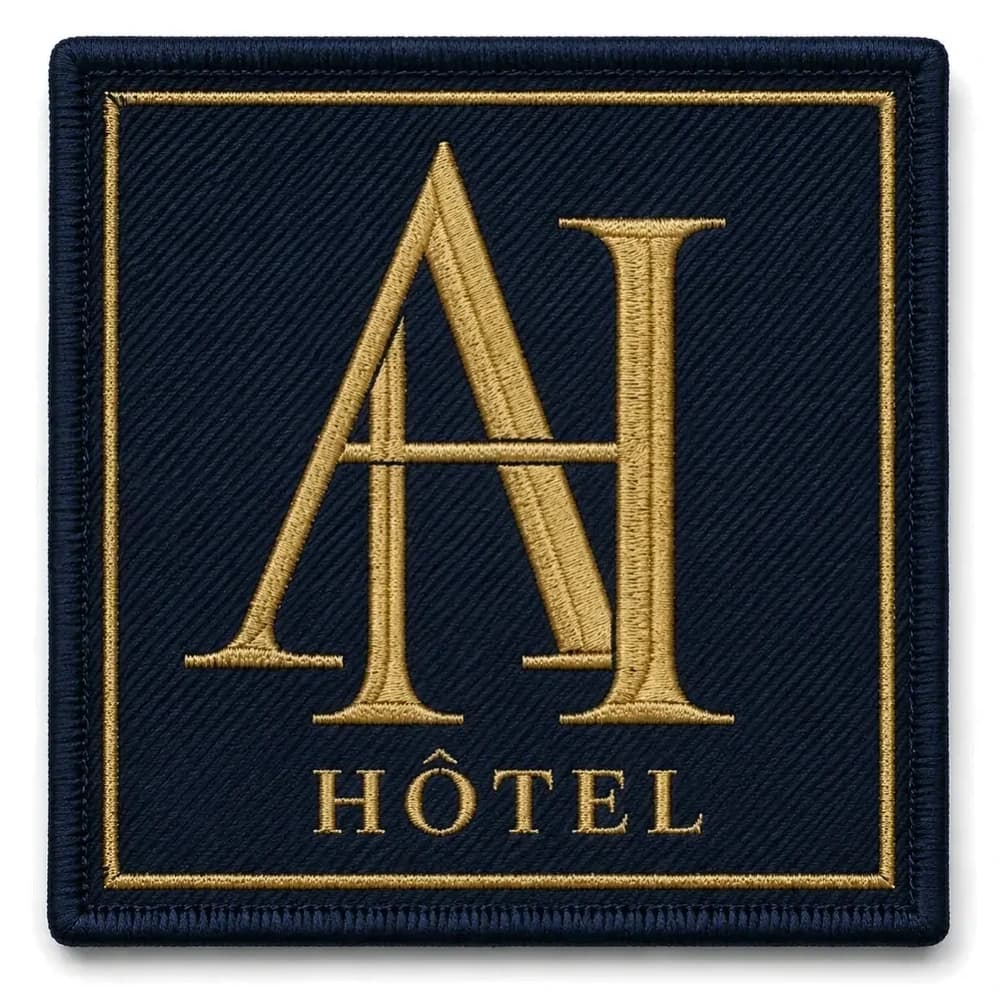 Écusson personnalisé brodé carré, monogramme AH et mention Hôtel en fil or sur fond marine