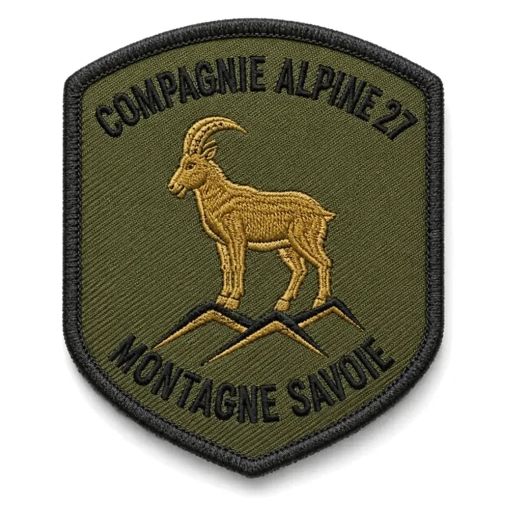Écusson militaire brodé personnalisé, bouquetin doré sur les crêtes en fil or sur toile kaki