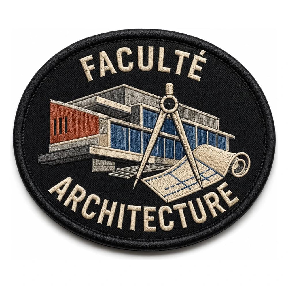 Écusson personnalisé brodé ovale, bâtiment, compas et mention Faculté Architecture