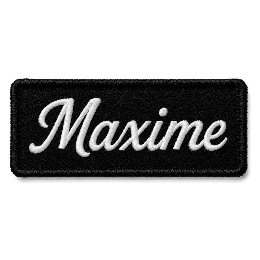 Écusson personnalisé brodé rectangle, prénom en cursive blanche sur fond noir