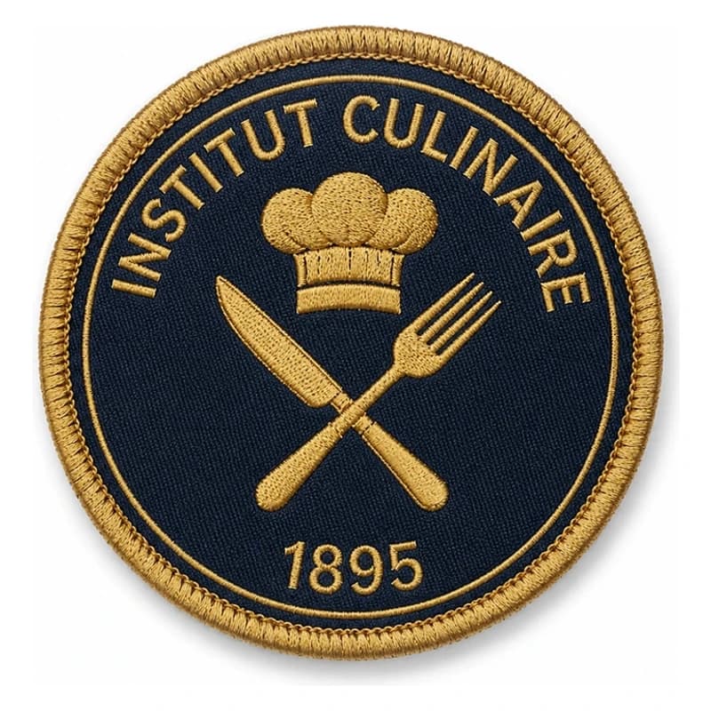 Écusson personnalisé brodé rond, toque et couverts croisés en fil or sur fond marine