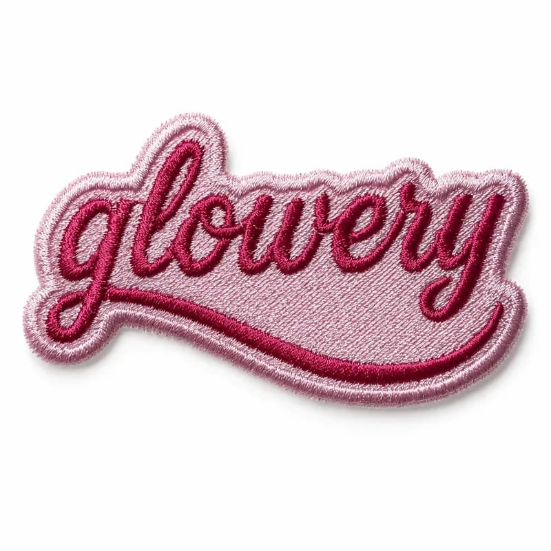 Patch brodé Glowery, lettrage cursif rose découpé à la forme