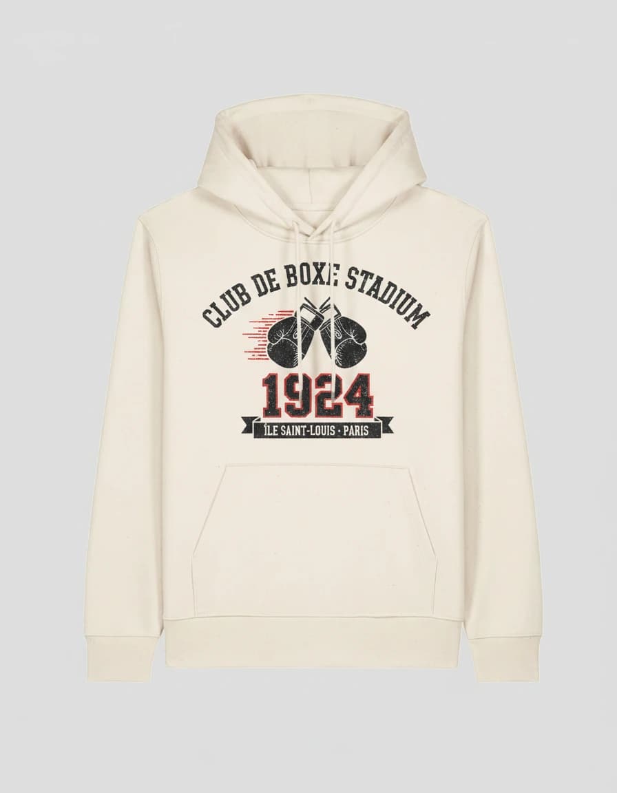 Hoodie personnalisé écru, Club de Boxe Stadium 1924 sérigraphié sur la poitrine