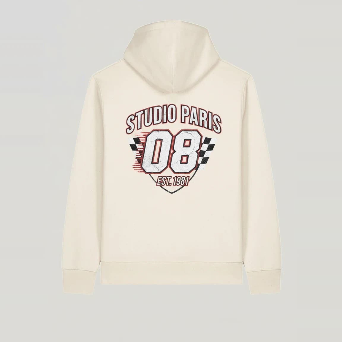 Hoodie personnalisé écru, Studio Paris 08 sérigraphié au dos
