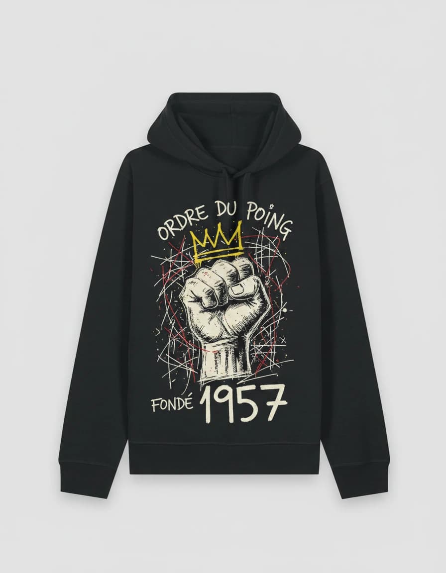 Hoodie personnalisé noir, Ordre du Poing 1957 imprimé sur la poitrine