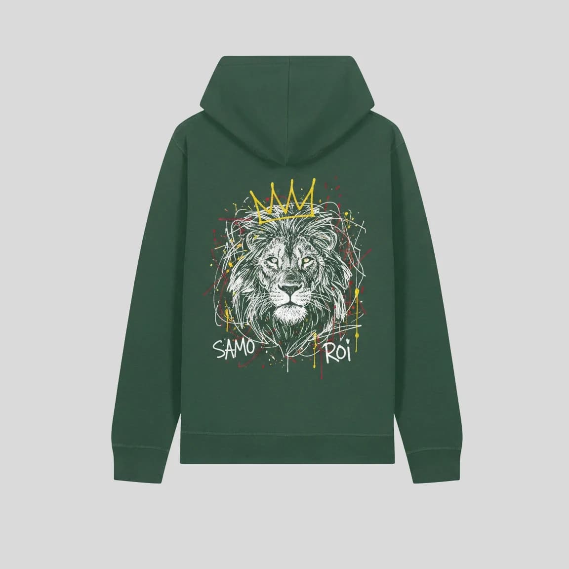 Hoodie personnalisé vert, lion couronné SAMO Roi imprimé au dos