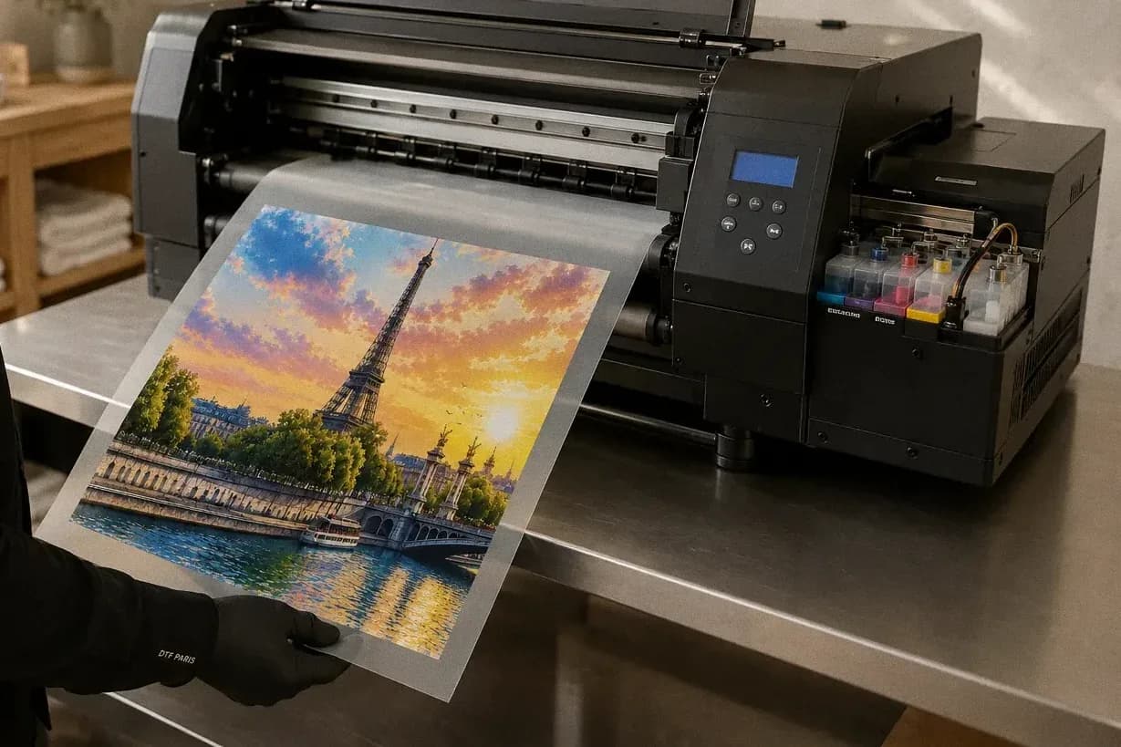 Impression DTF, étape 1 : le visuel imprimé en couleur sur film sort de l'imprimante