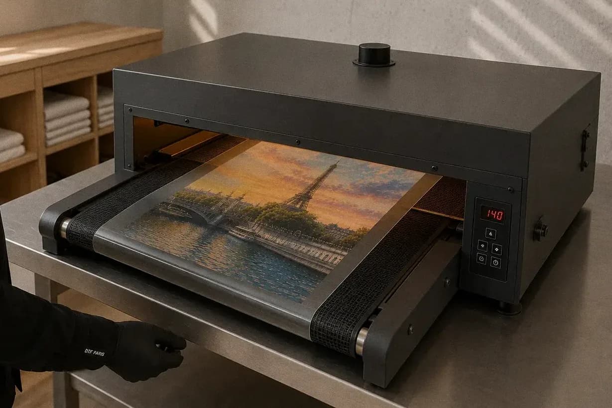 Impression DTF, étape 3 : cuisson du film poudré dans le four