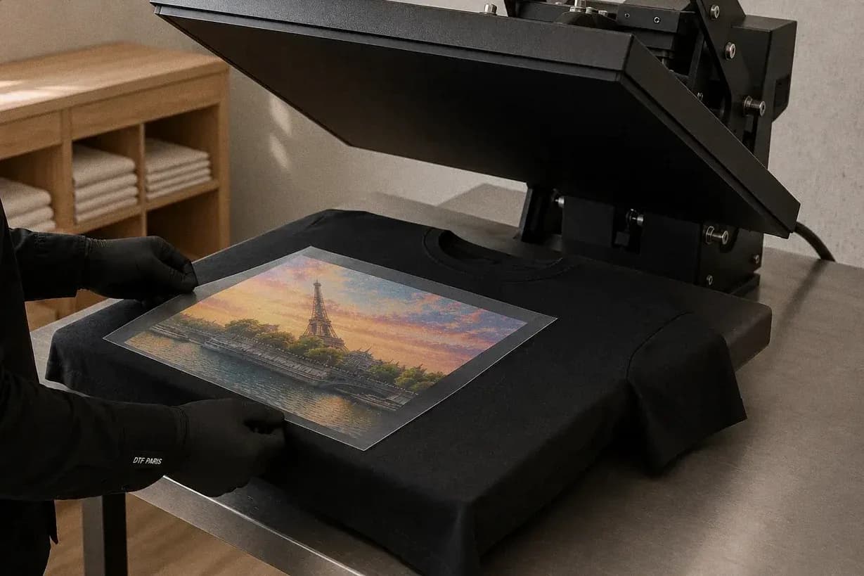 Impression DTF, étape 5 : positionnement du transfert sur un t-shirt noir