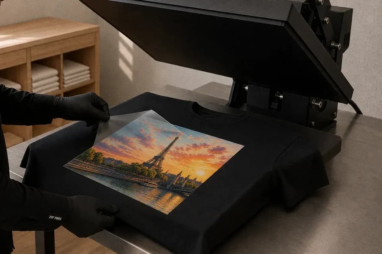 Impression DTF, étape 7 : pelage du film transparent, le visuel reste sur le t-shirt
