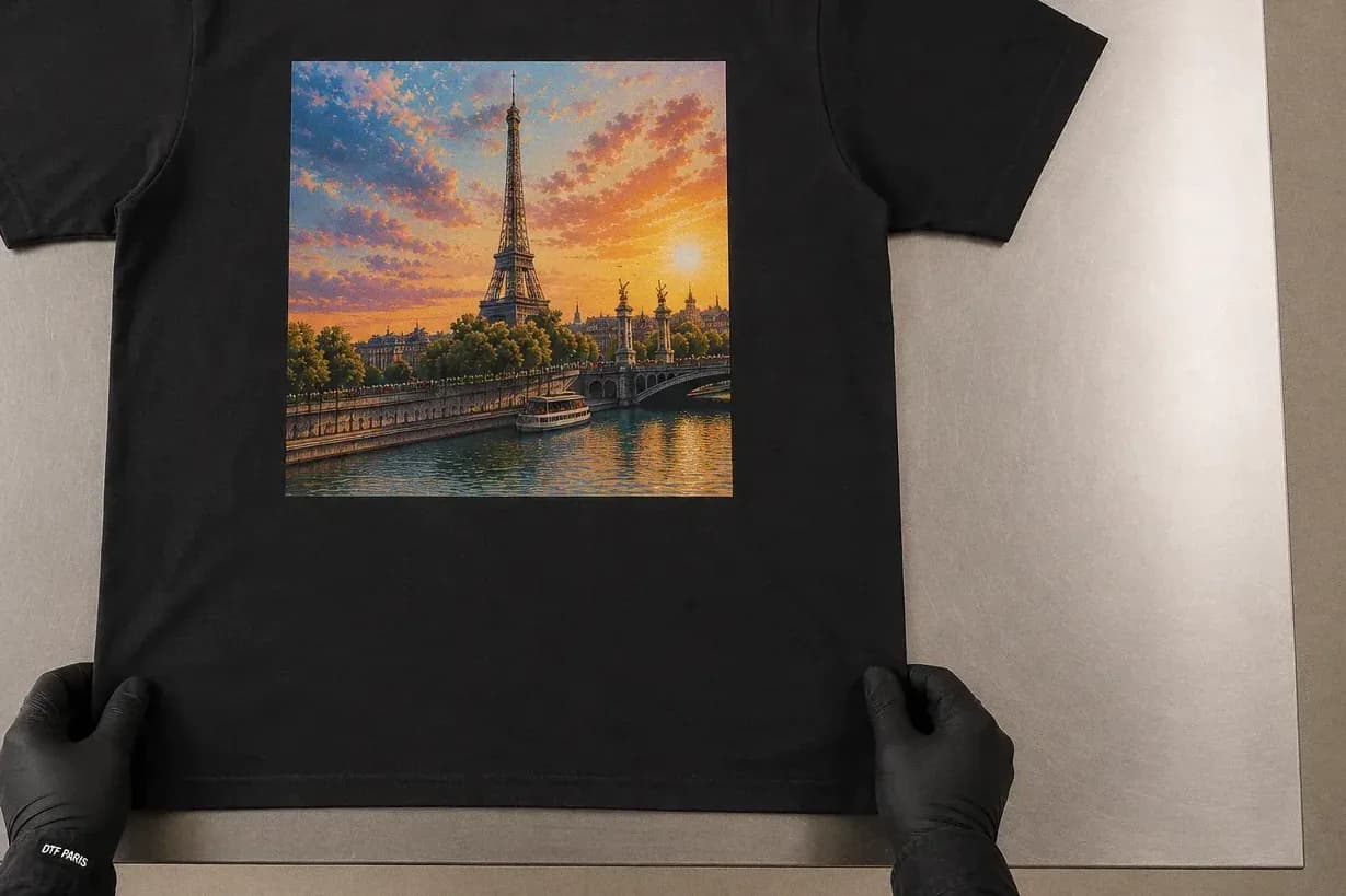 Impression DTF, étape 8 : contrôle final du t-shirt noir imprimé