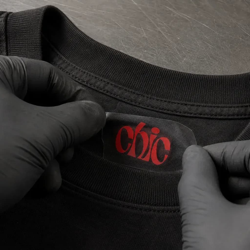 Impression DTF d'une étiquette de col à l'intérieur d'un t-shirt noir