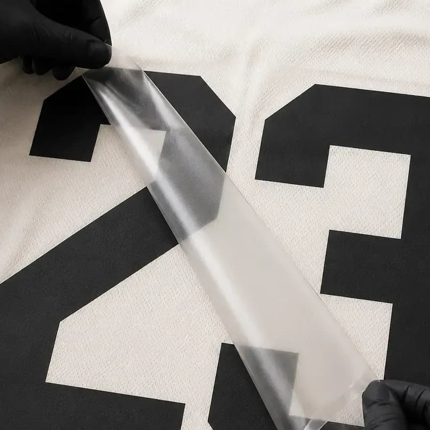 Impression DTF sur maillot blanc : numéro 23 au dos, film en cours de retrait