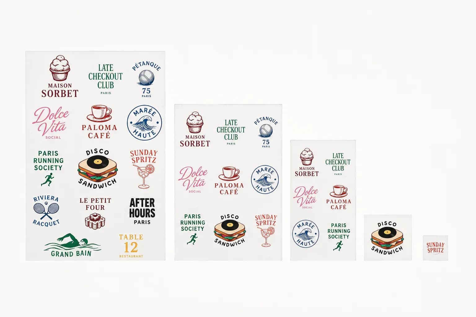 Planches DTF en cinq formats, couvertes de logos en couleur