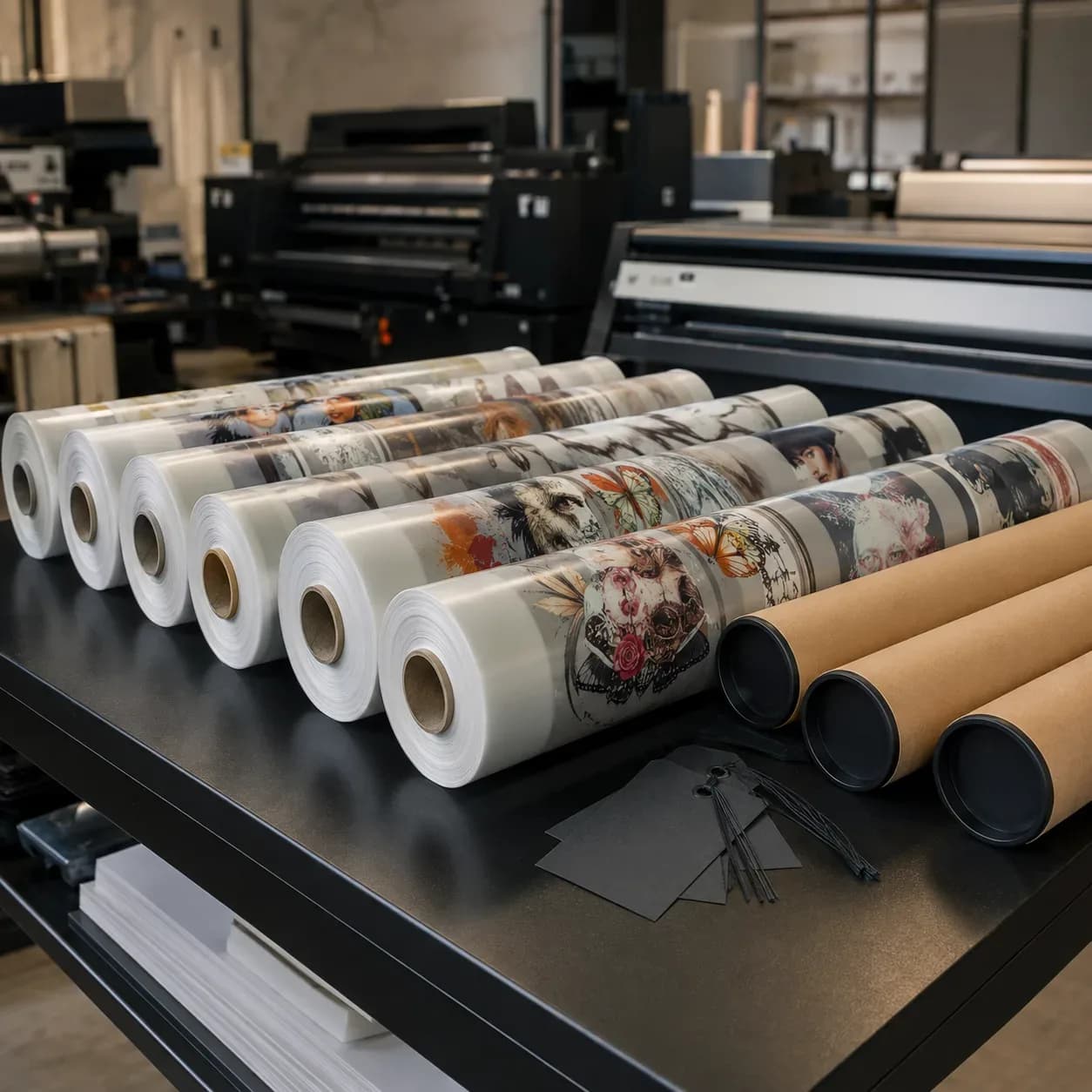 Transferts DTF au mètre : rouleaux de film imprimé dans l'atelier