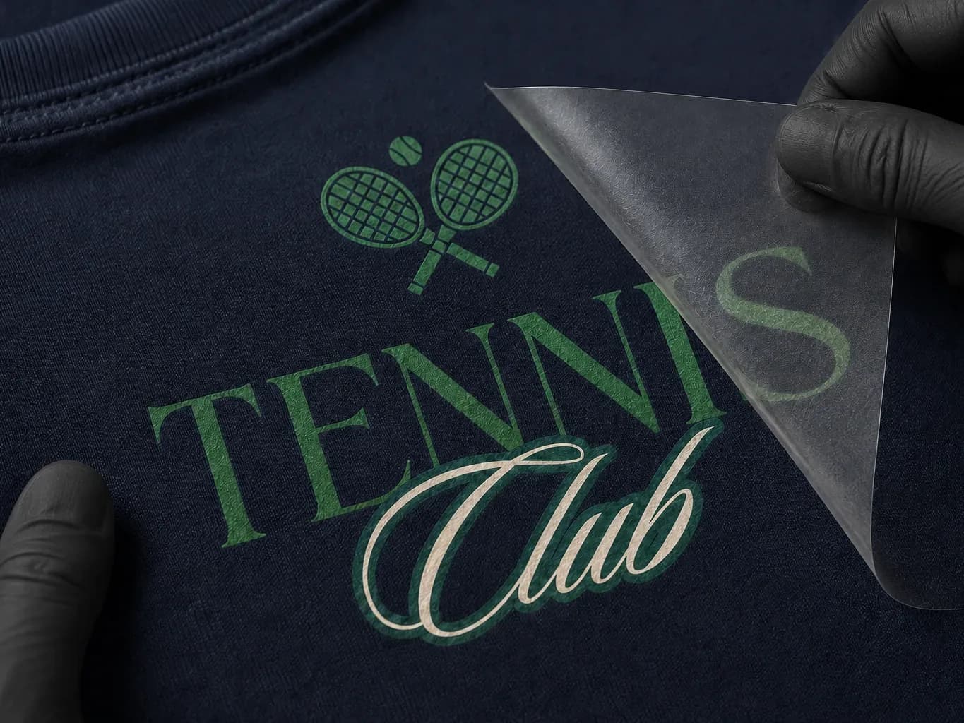 Impression DTF sur sweat marine : film retiré d'un visuel Tennis Club vert et crème