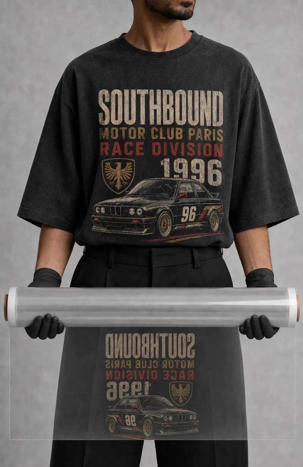 Impression DTF sur t-shirt noir : visuel couleur Southbound et son film miroir