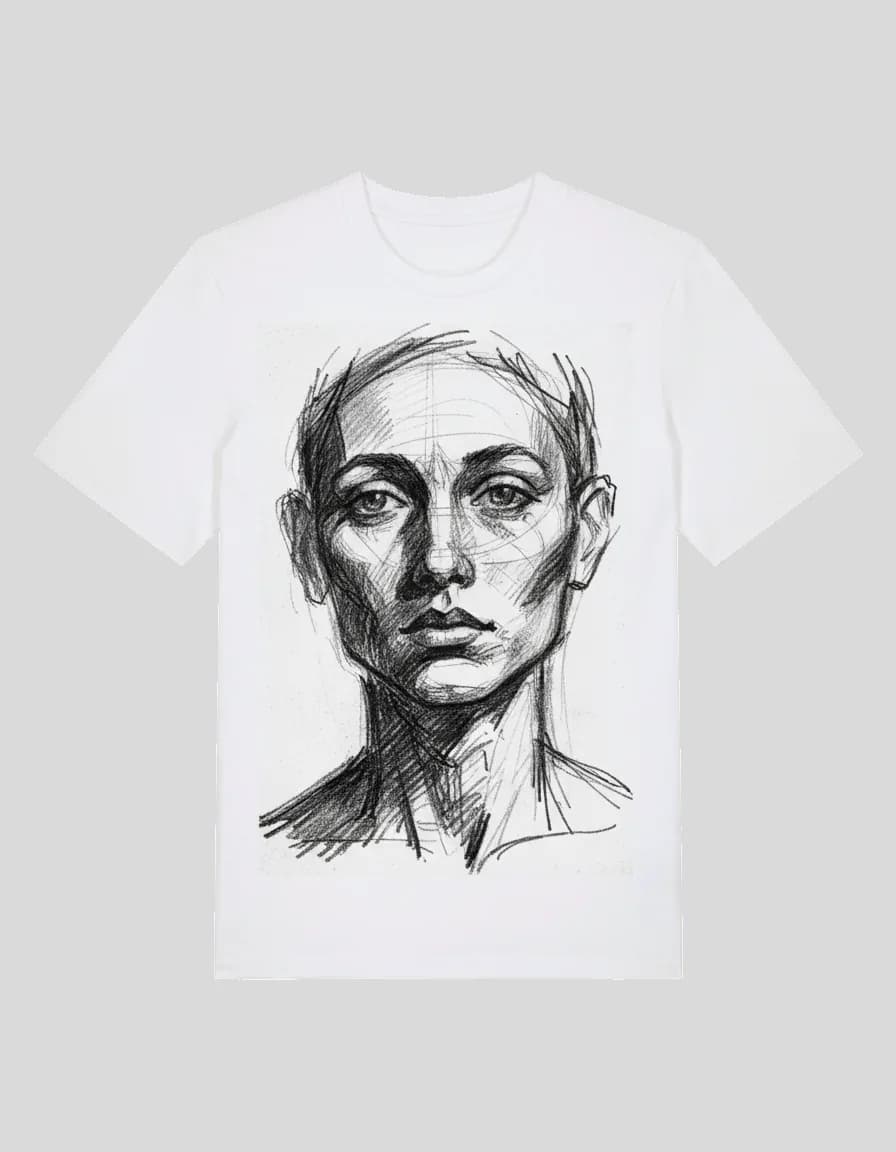 T-shirt personnalisé blanc imprimé d'un portrait au crayon