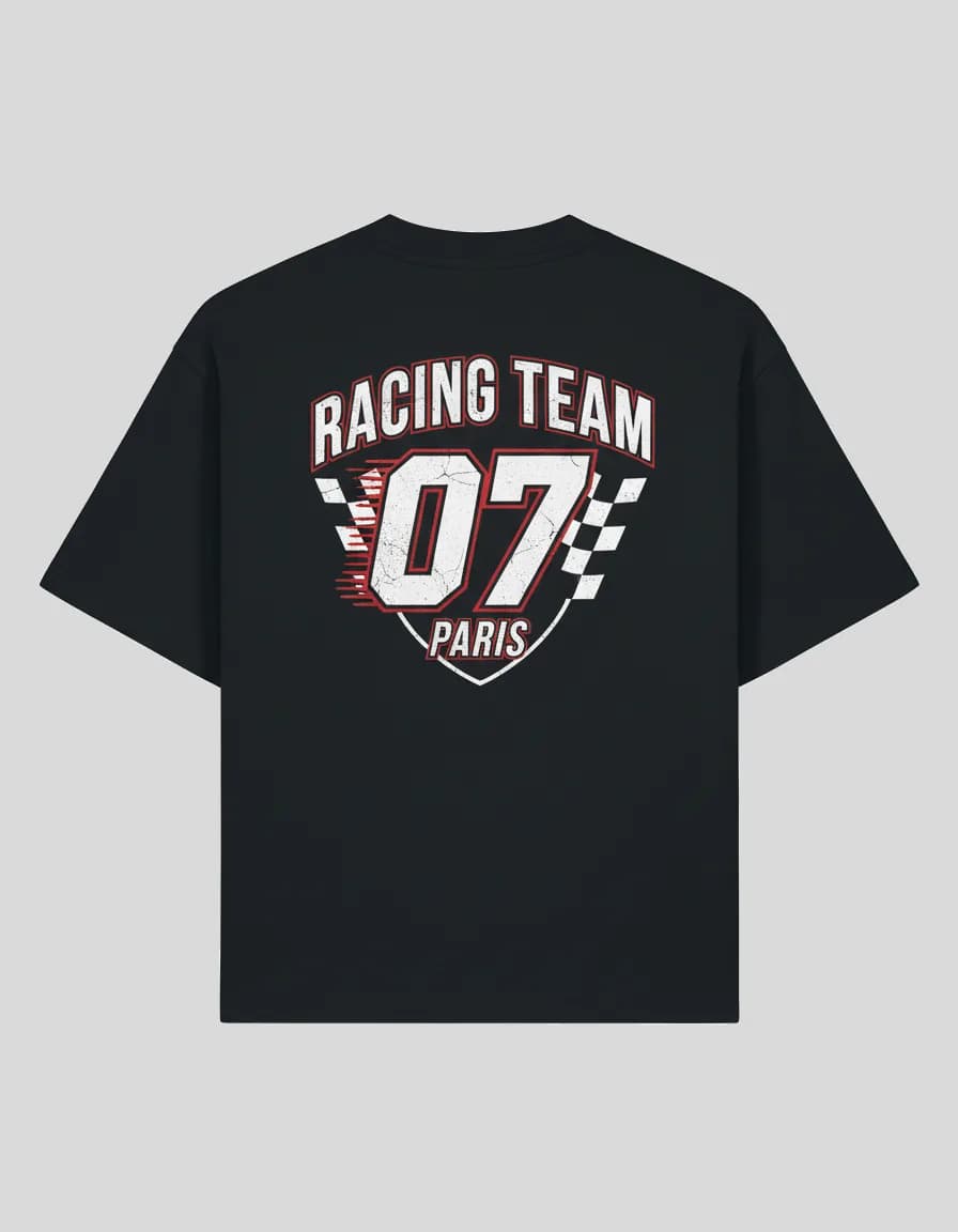 T-shirt personnalisé noir imprimé au dos en DTF grand format, Racing Team 07